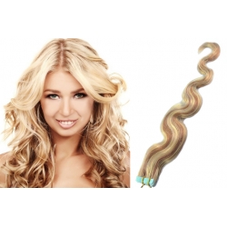 Vlnité vlasy pro metodu Pu Extension / Tape Hair / Tape IN 50cm - platina / světle hnědá