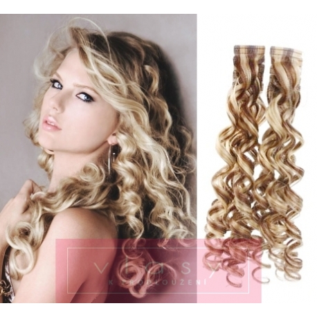 Kudrnaté vlasy pro metodu Pu Extension / Tape Hair / Tape IN 50cm - platina / světle hnědá