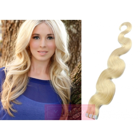 Vlnité vlasy pro metodu Pu Extension / Tape Hair / Tape IN 60cm - platina