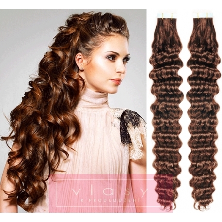 Kudrnaté vlasy pro metodu Pu Extension / Tape Hair / Tape IN 60cm - středně hnědé